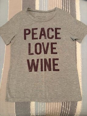 Grayson Threads Gray Tee with Burgundy "PEACE LOVE WINE" Print